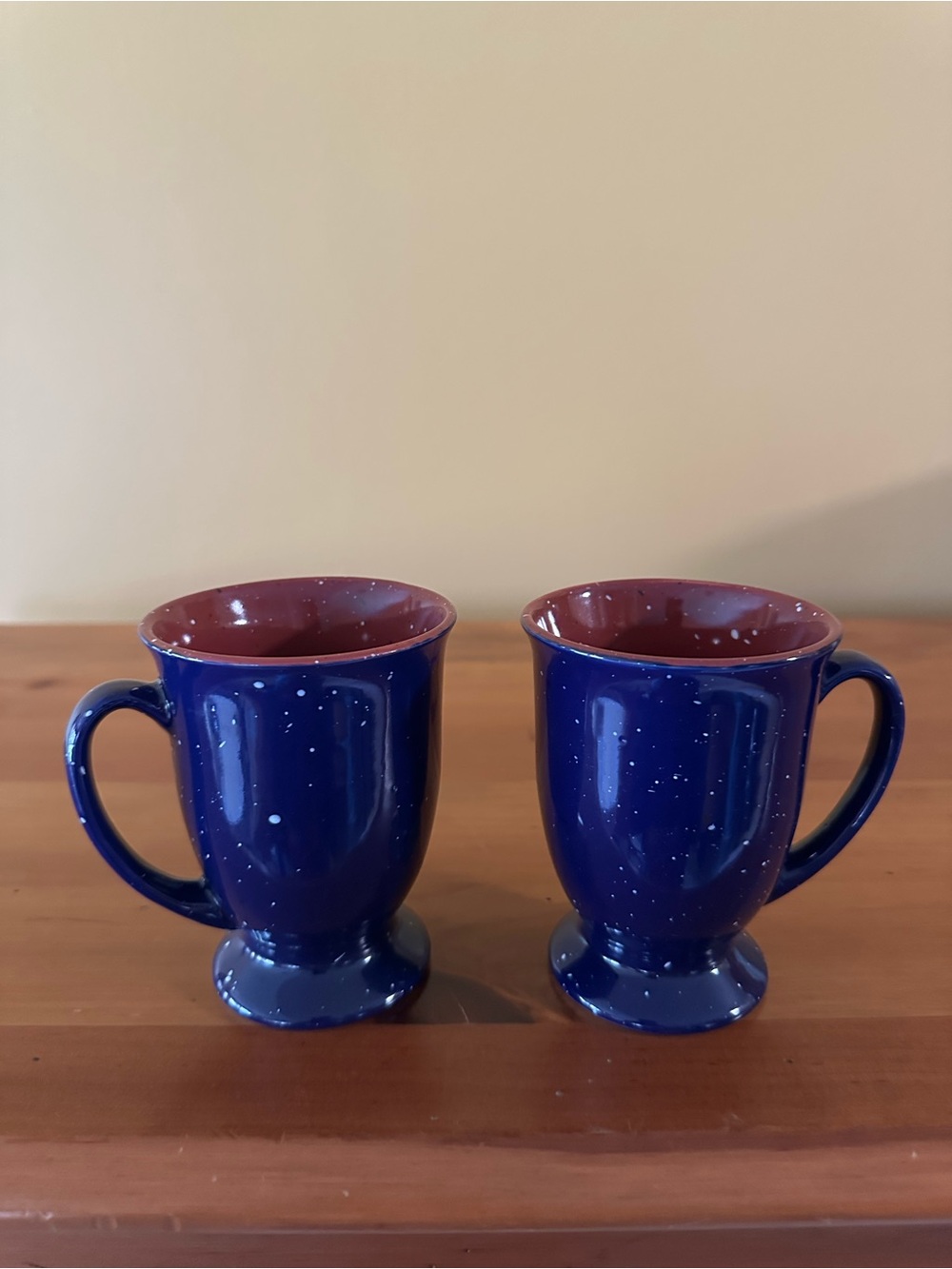 Blue Speckled Ceramic Mugs with Red Interior - Set of 2